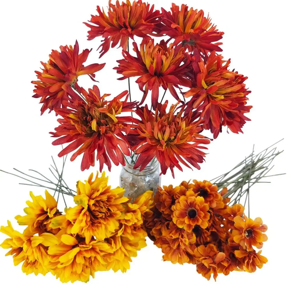 43 Pc Artificial Silk Fall Flower Stems Red Orange Yellow Floral Craft Decor Lot